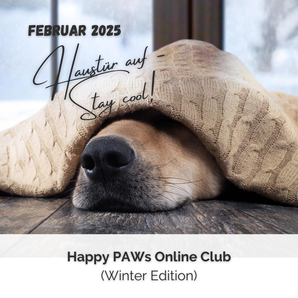 SHOP COVER Happy PAWs Online Club Februar 2025 Februar 2025Monatsthema:     Haustür auf - Stay cool!==========Wöchentlicher Input im Lernbereich mit Videos, Audios, Workbooks (Zugang für 12 Monate)Exklusive Telegram-Gruppe zum Monatsthema2x Live-Call für Q & A (inkl. Aufzeichnung im Lernbereich)Reiche 2 Trainingsvideos/Woche in der Telegram-Gruppe ein und erhalte mein Feedback==========Im Happy PAWs Online Club -Winter Edition- bekommst du im Februar von mir alle Skills an die Hand, um deinem Hund beizubringen, vor der geöffneten Haustüre sitzen zu bleiben.Vielleicht kennst du das?Du öffnest die Haustüre und dein Hund quetscht sich direkt an dir vorbei und prescht ins Freie? Schneller, als du "Arsch" sagen kannst?Dann ist dieser Club-Monat für dich genau das Richtige.Ich geb dir alles an die Hand, um deinem Hund beizubringen, bei geöffneter Haustüre cool zu bleiben und sich hinzusetzen. Egal, was draußen passiert.Und das alles komplett ohne Druck, Zwang und Dominanzgedöns.==========Die Termine für die Live Gruppen-Calls Q&A:Januar:     06.02. und 20.02.2024 um 19.00 Uhr